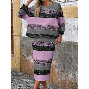Casual Striped Pattern Round Neck 3/4 Sleeve Bodycon Skirt Set
